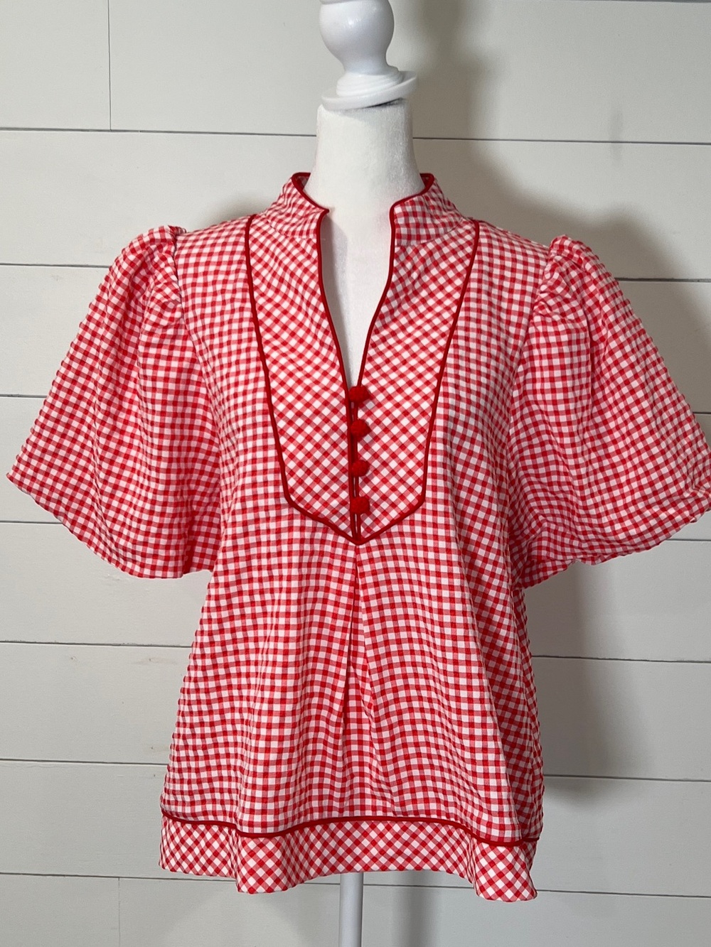 entro Red Gingham Split V Neck Flutter Sleeve Blouse